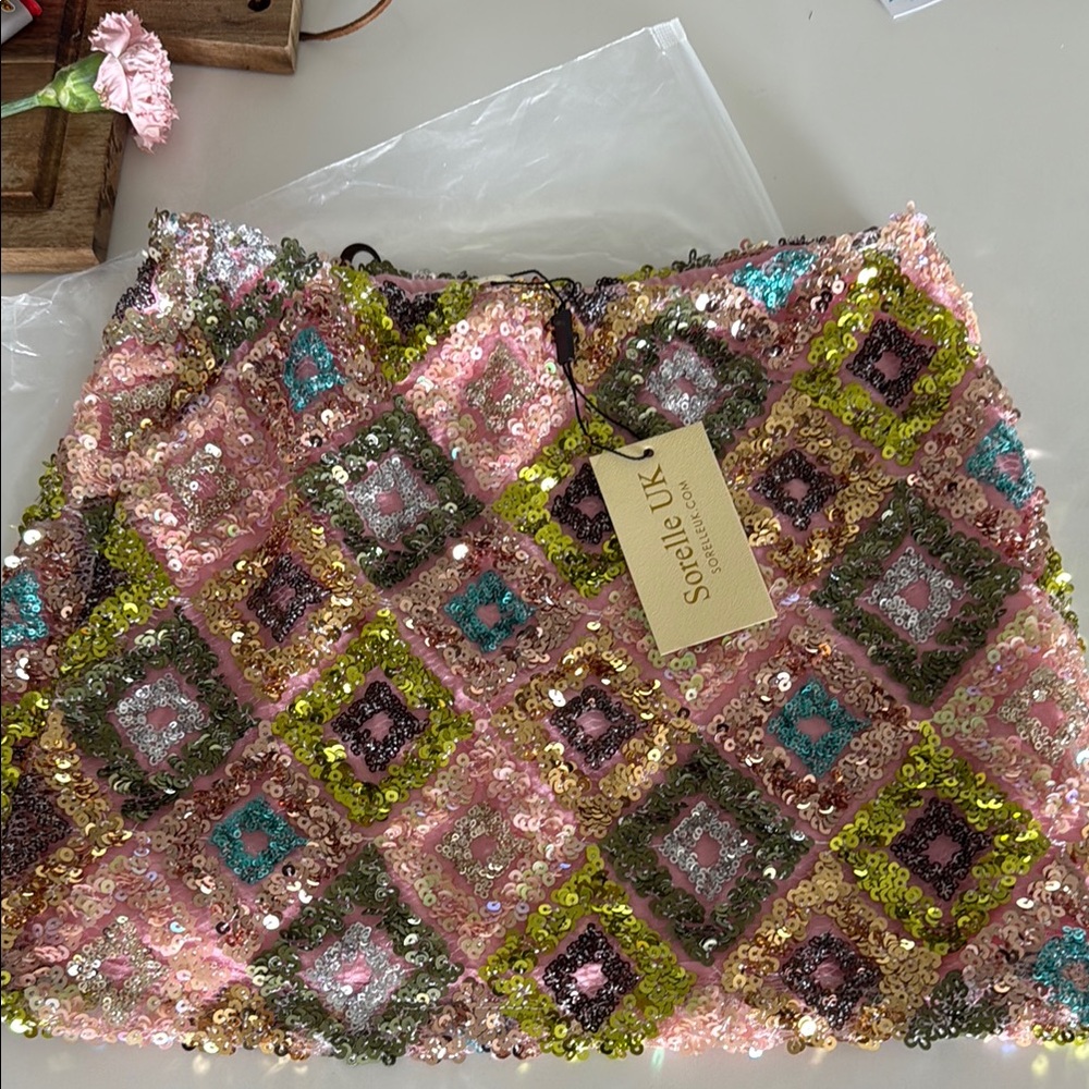 Sequin Embellished Pink and Gold Mini Skirt